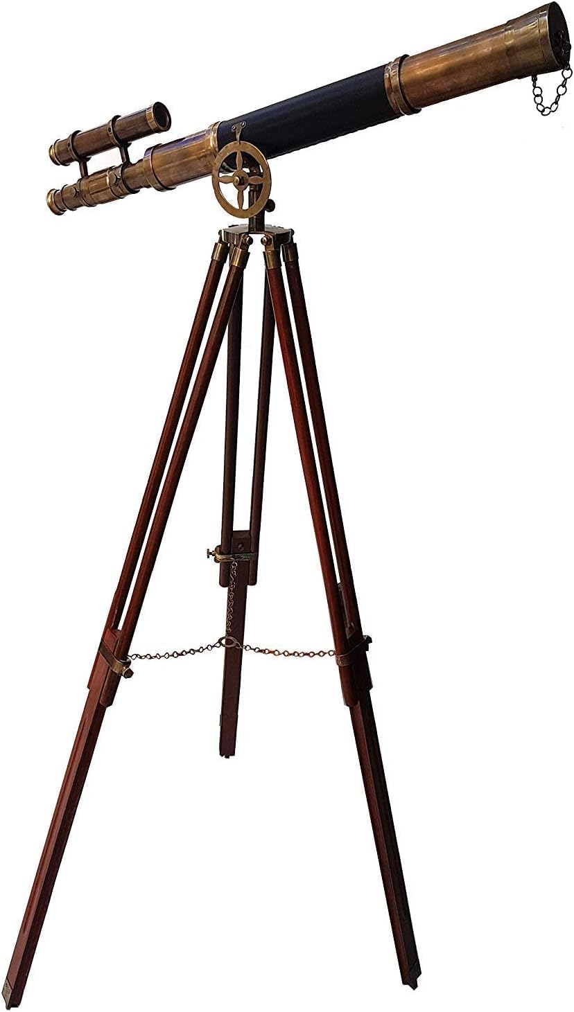 Maritime Brass Antique Double Barrel Designer Telescope with Wooden Tripod Floor Standing Nautical Telescope Tripod