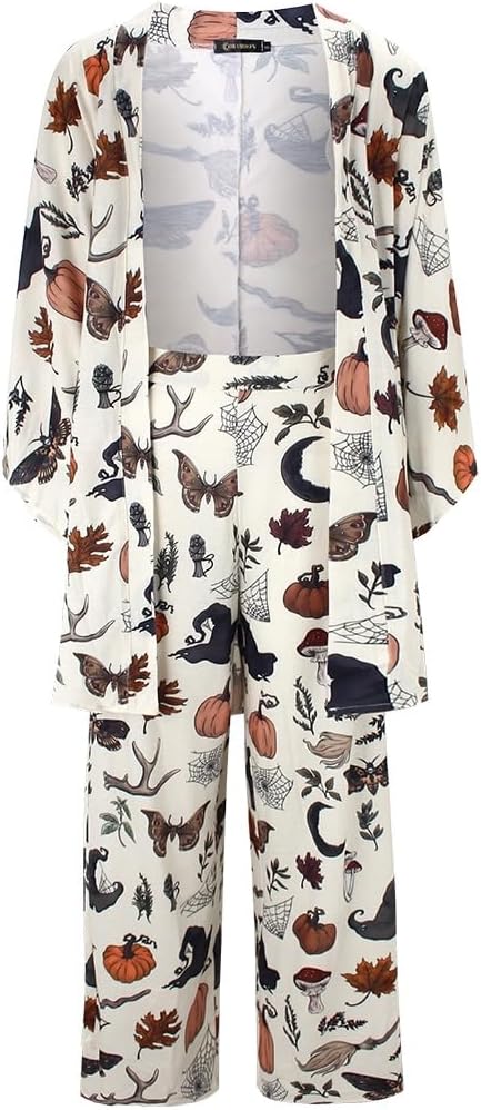 Women Witchy Pumpkin Winter 2 Piece Set Casual Comfy Halloween Lounge Outfit Boho Wide Leg Pants Set WIth Pockets - Image 5