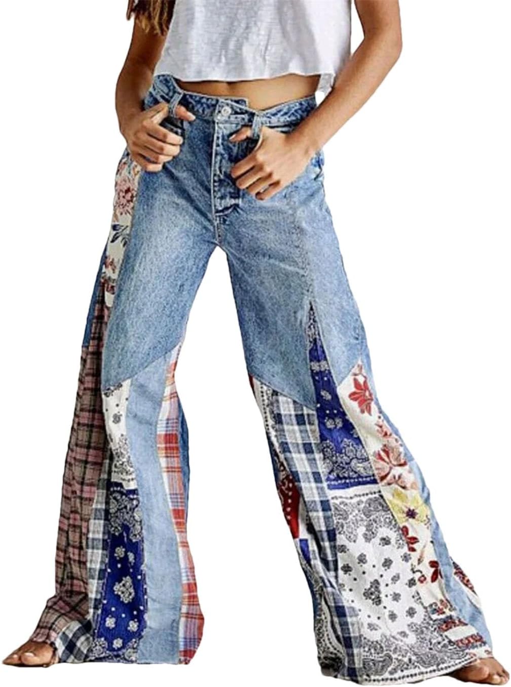 Women High Waist Wide Leg Jeans Patchwork Harajuku Style Denim Pants for Street Vintage Looks