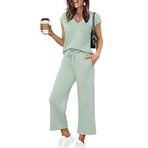 J.Crew’s Spring Outfit Formulas: 7 Easy, Polished Looks - 61ESJ4YdHvL. SS520 - Sale is Live - 2026 Saloogoe Two Piece Sets for Women Summer Outfits Lounge Sets V Neck Tops Wide Leg Pants Woman Vacation Travel Outfits