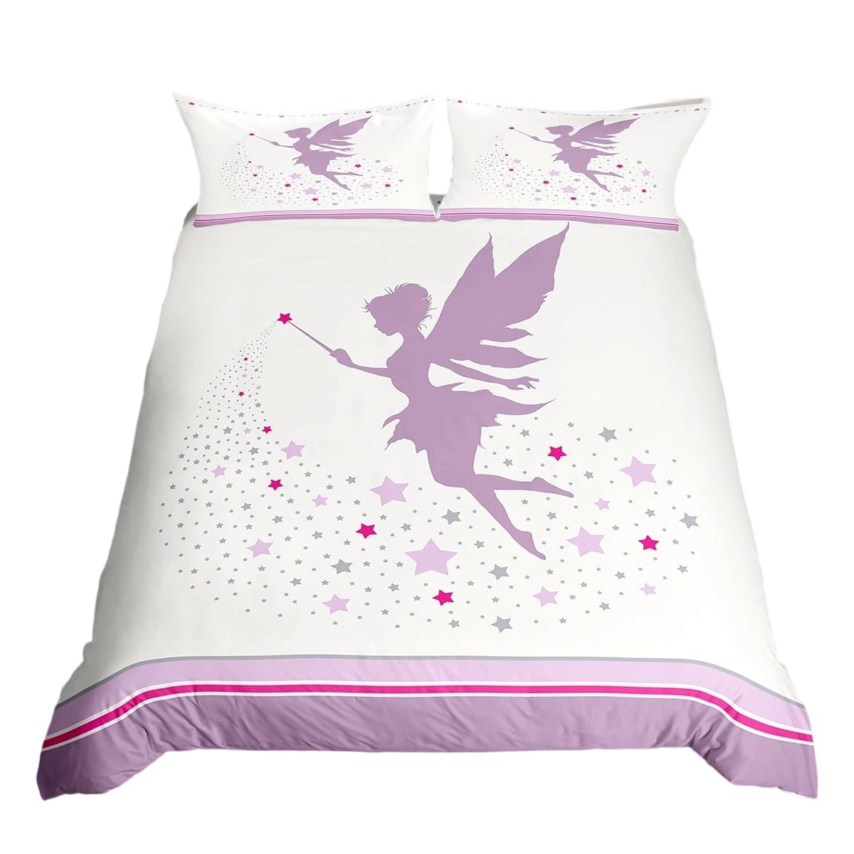 Homewish Fairy Girl Single Duvet Cover Set Lilac Purple and Grey Stars Toddler Bedding Set for Kids Girls Teens Elegant Fairy Quilt Cover White Violet Bed Sets