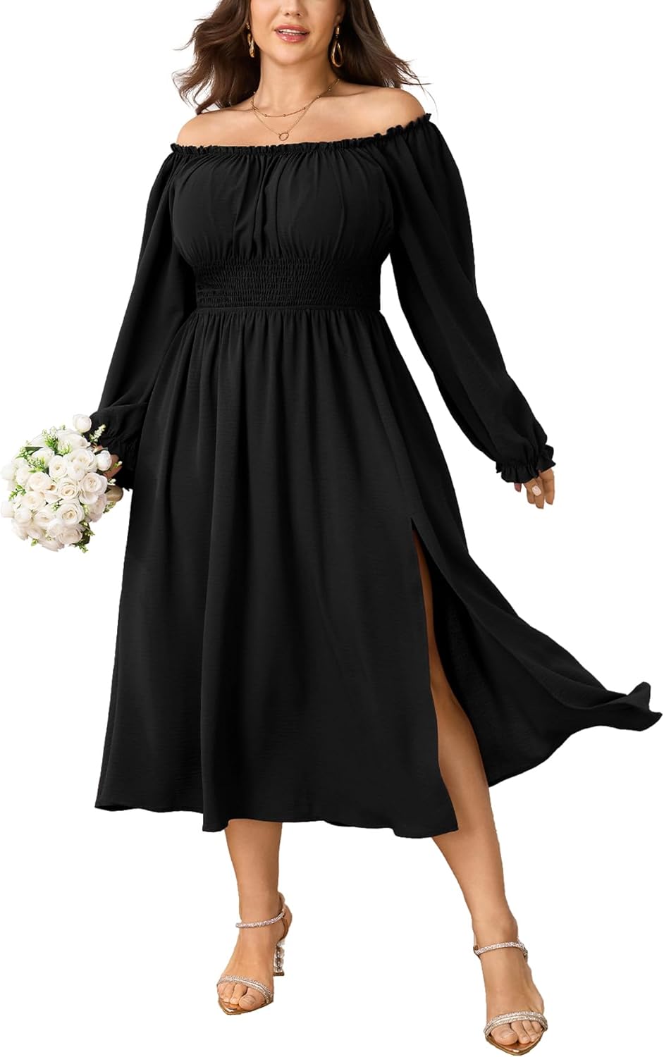Plus Size Maxi Fall Wedding Guest Dress for Curvy Women Long Sleeve Smocked Formal Cocktail Party Dresses Slit