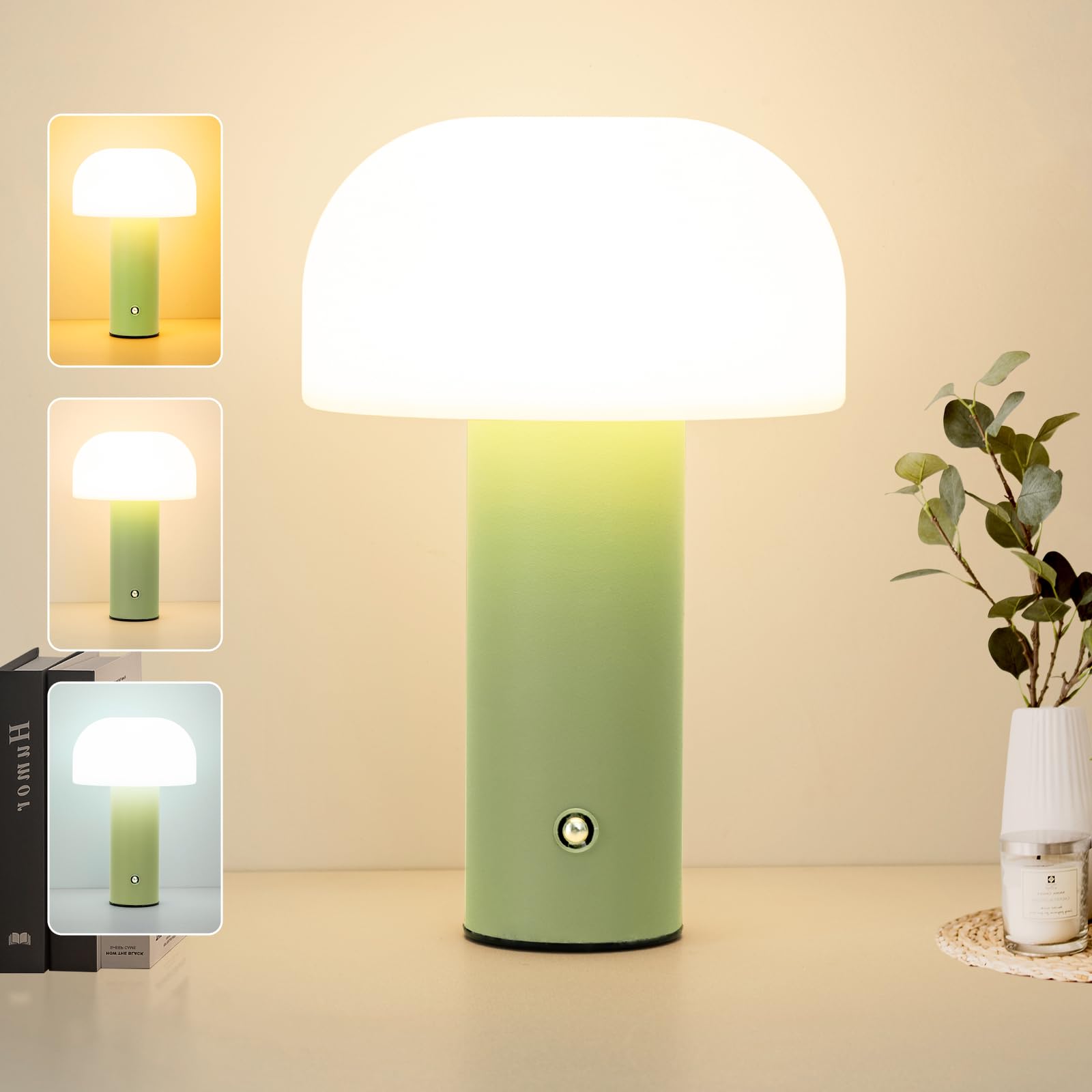 ZOOPEEN Cordless Mushroom Table Lamp Rechargeable,4000mAH Portable Battery Operated Lamp,3 Color Stepless Dimming Modern Lamps for Bedside Lamps,Touch Dimming Night Light for Home/Restaurant Green