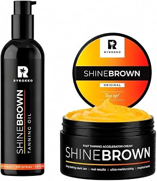 BYROKKO Shine Brown Tanning Bundle   Fast Dark Tan Accelerator Set with Tanning Oil & Bronzing Cream for Outdoor Sun & Indoor Sunbed, Natural Botanical Oils, Water Resistant