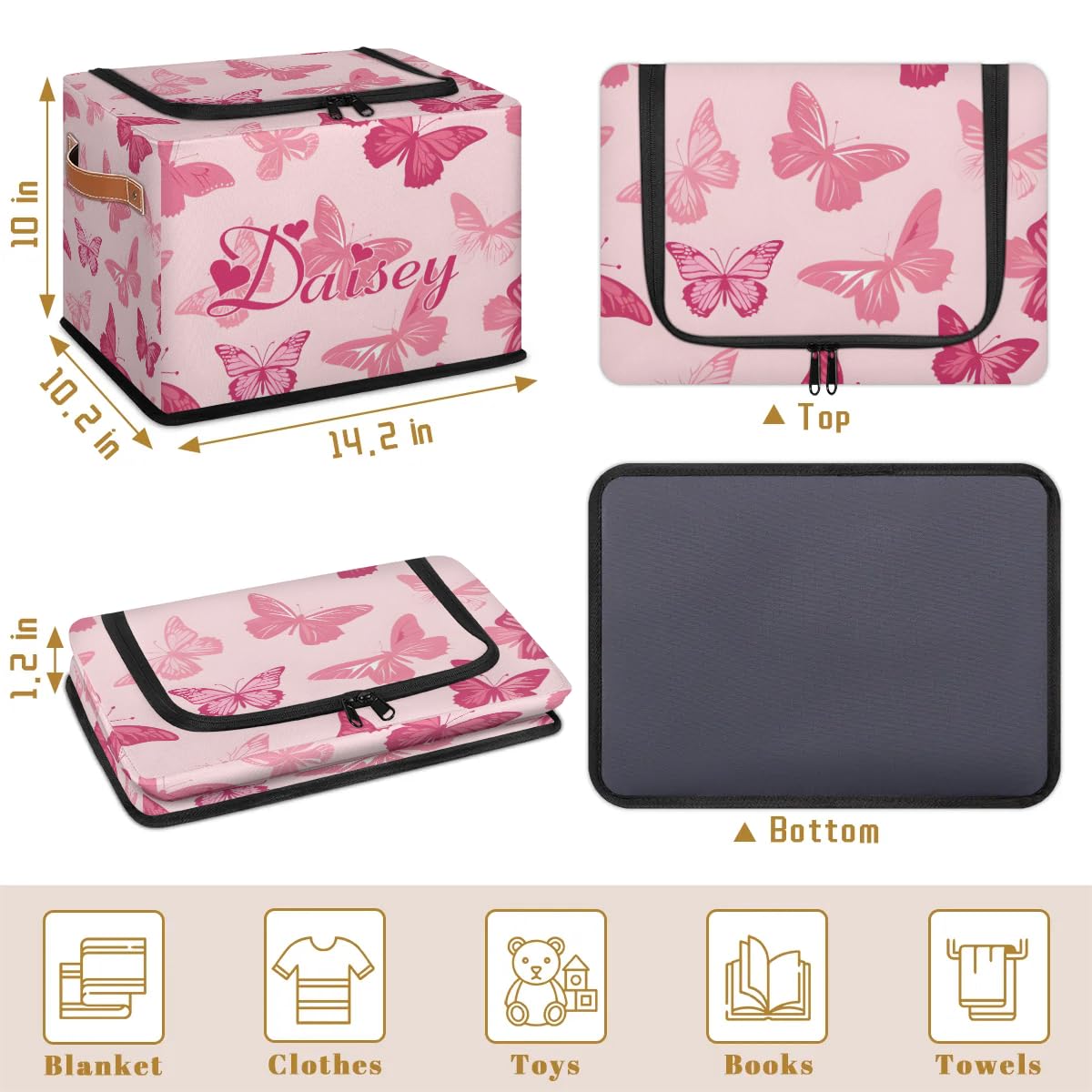 KBAODANK Custom Cute Butterfly Storage-Bin With Zipper Lid for Kids-Girls-Boys-Baby-Pet,Personalized Name Foldable Storage Box with Handle,Baby Basket With Label for Bedroom Nursery Toy Clothes,Pink