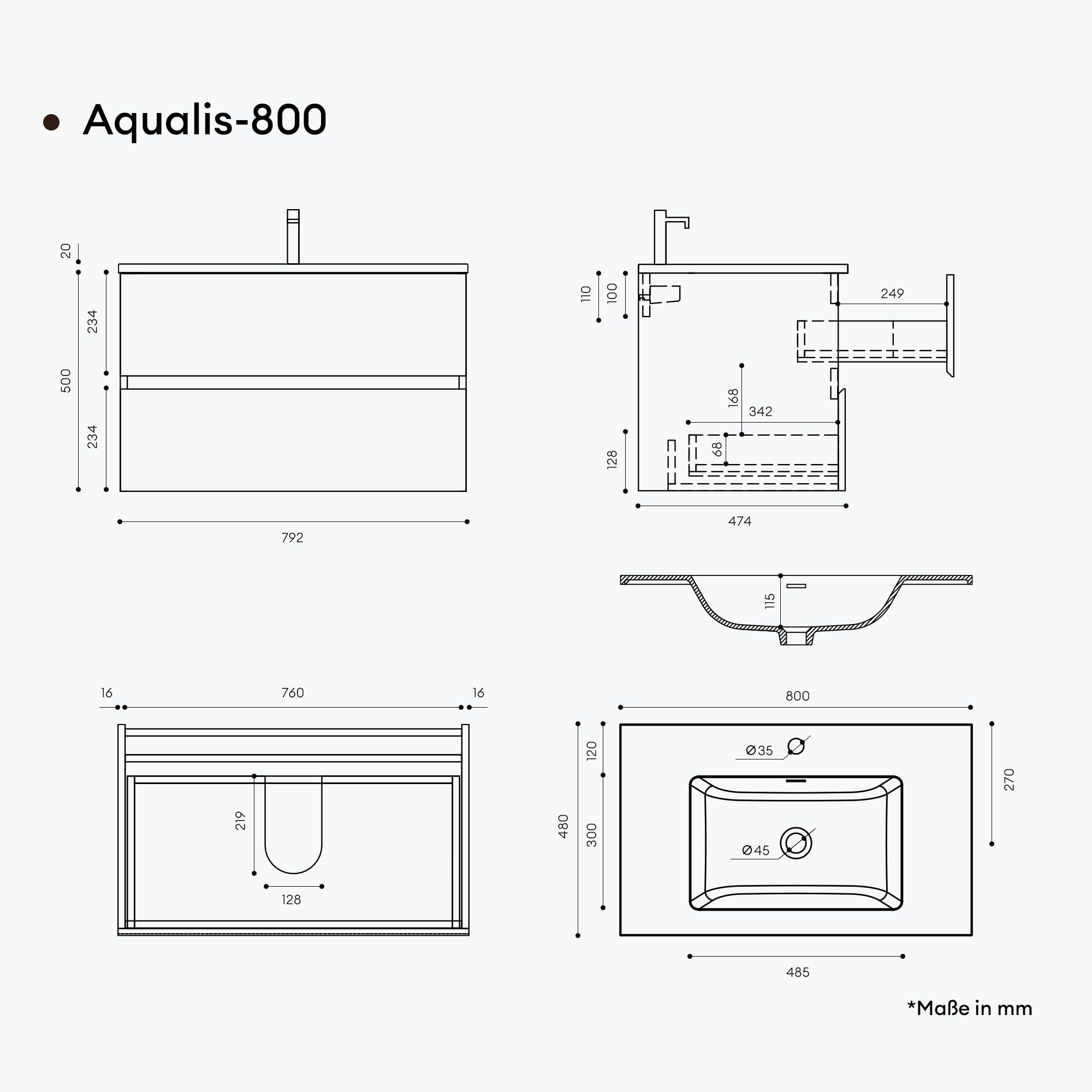Mai & Mai Badmöbel-Set Waschtisch mit Unterschrank Mineralguss Waschbecken in Anthrazit Waschbeckenunterschrank 80x48x50cm Kerneiche 2-Schubladen Soft-Close Aqualis