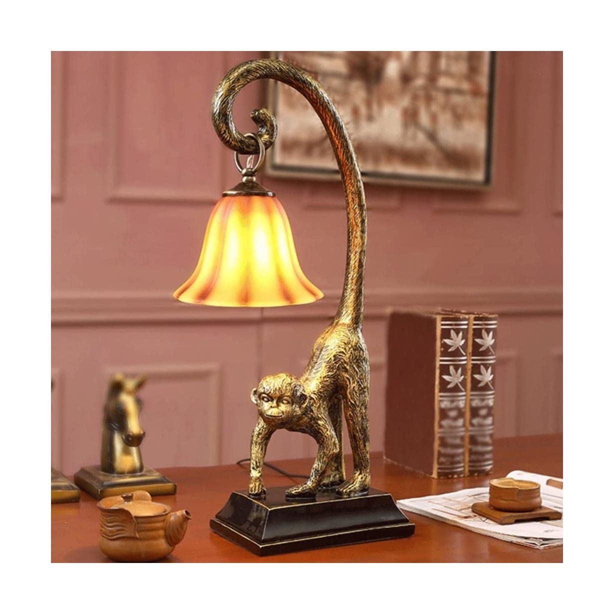 POCHY Fashion Table Lamp Table Lamp American Style Resin Engraved Monkey Bedside Lamp Modern Glass Shade Desk Lamp Illumination Nightstand Lamp Simple elegant