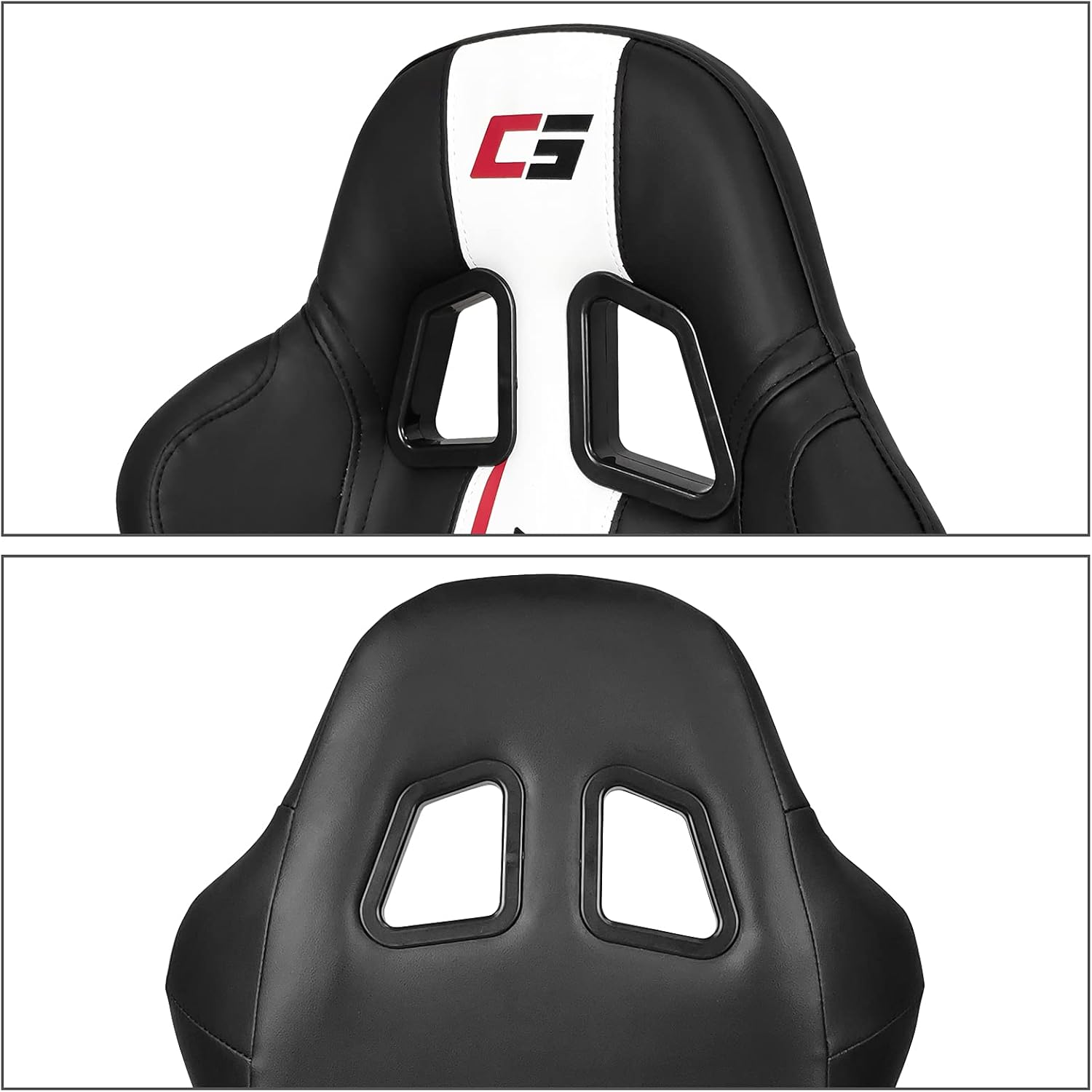 IKON MOTORSPORTS, Universal Racing Seats Pair with Dual Sliders, Black PU Leather White Stripe Reclinable Left Driver Side + Right Passenger Side