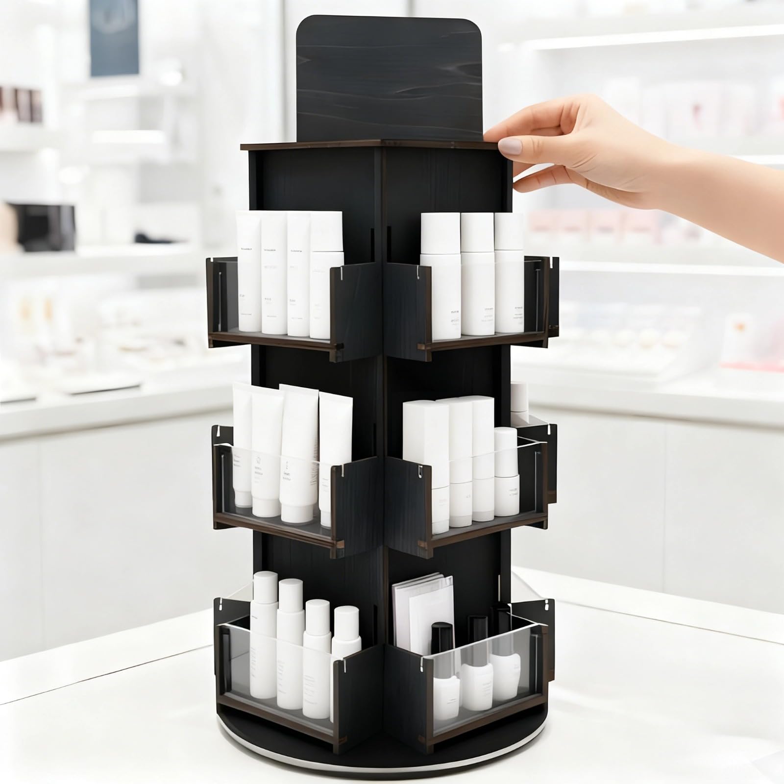 Scaffale organizer da banco in legno nero, espositore girevole a 3 livelli per venditori, espositore per adesivi alto 53,3 cm, diametro 23,6 cm, facile da montare