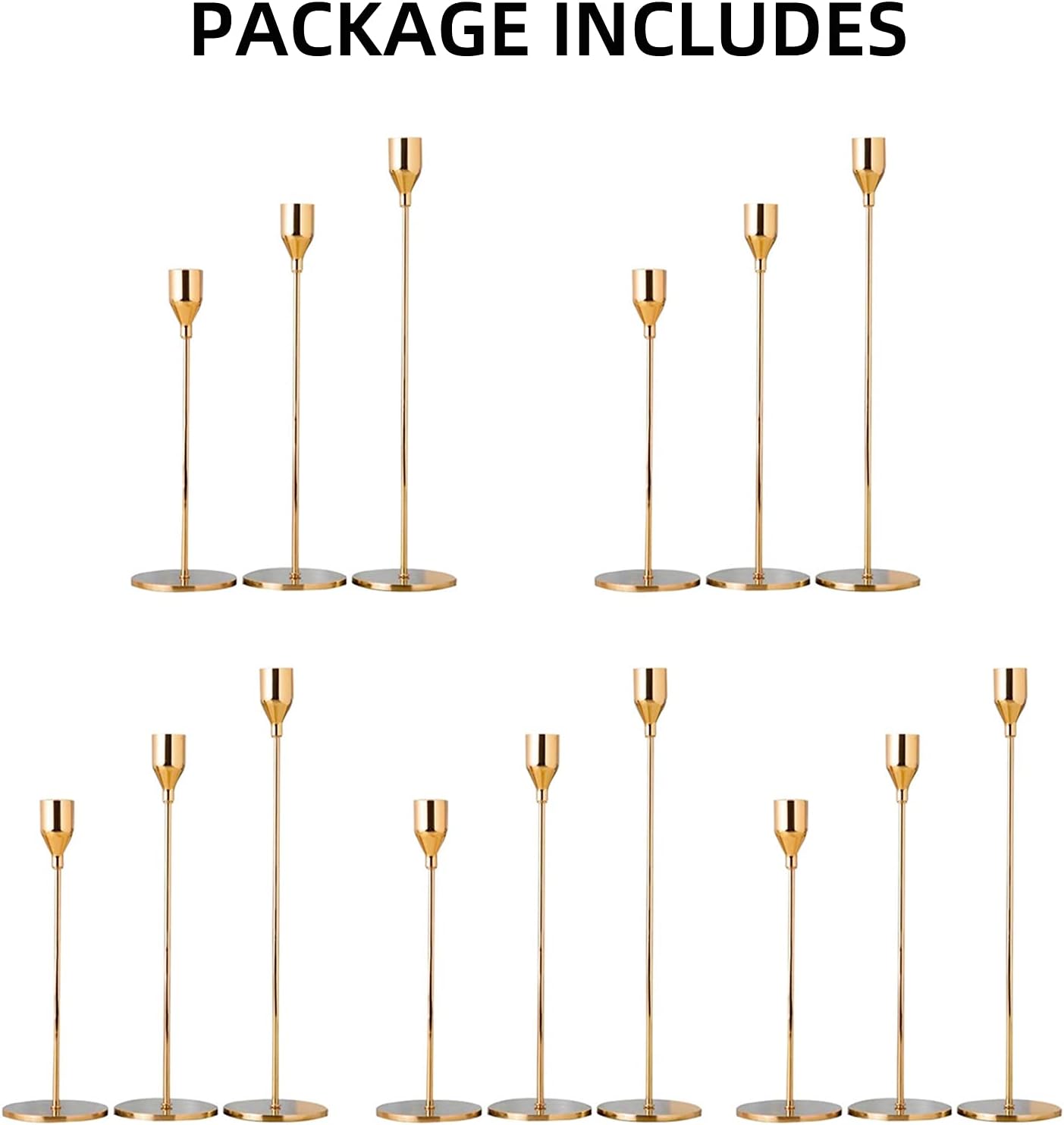 Nuptio Candle Holder Candlestick Holders Gold Candle Holders for Table Centerpiece, Taper Candle Holders Set of 15 for Wedding, Dinning, Party Centerpiece Table Decorations (Gold, 15 Pcs/5 Sets)