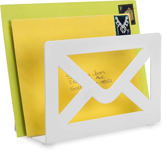 MyGift White Metal Desktop Mail Holder with Cutout Envelope Design Home and Office Desk Letter Organizer