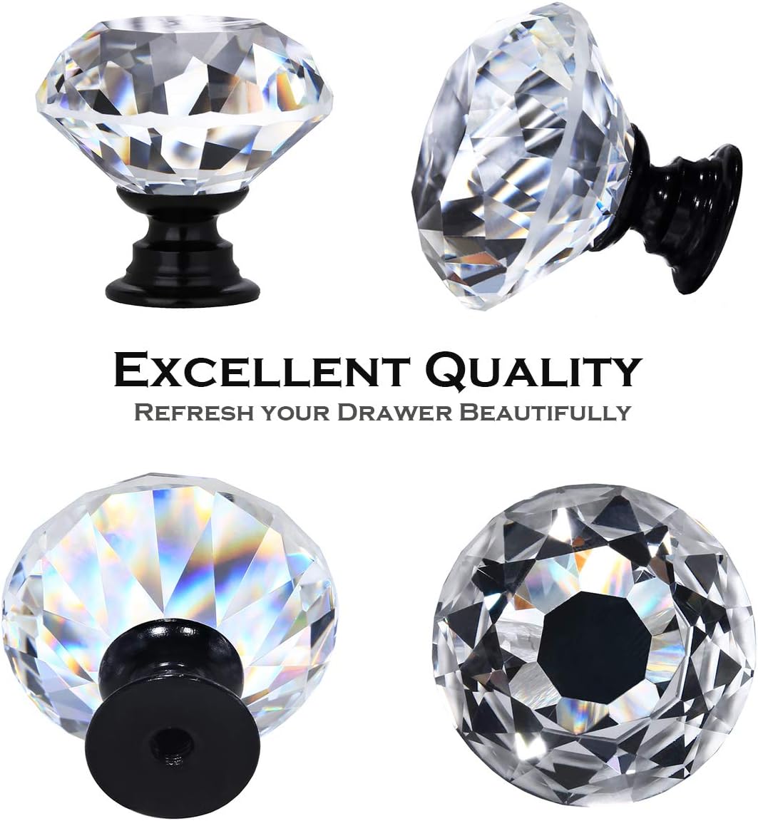 DeElf 12 PCS Clear Crystal Glass Drawer Cabinet Pulls Knobs Diamond Shape Decorative for Kitchen, Dresser, 30mm (1-1/4“), Black Color Base