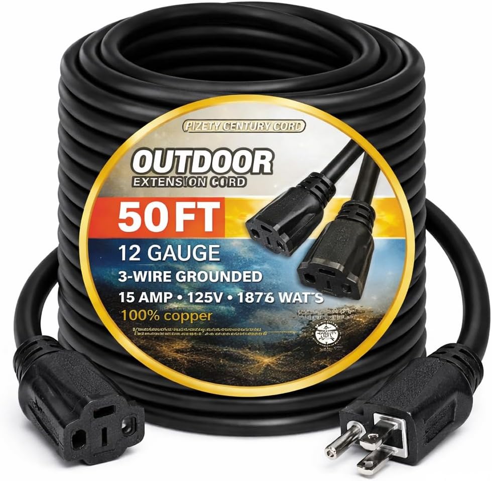 12 3 Extension Cord 50 feet 15 amp 12/3 125V 1875 WATTS Heavy Duty Indoor Outdoor Grounded Power Extension Cord 50 ft 12 Gauge Electric Cable 12 awg Extension Cord