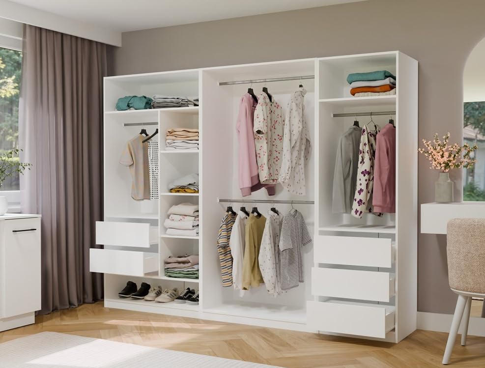 BDW - OPENO Modulares Garderoben Set – Offener Kleiderschrank - Moderne Garderobe mit Kleiderstangen, Schubladen, Regalen und Aufsätzen für Schlafzimmer, Flur oder Ankleidezimmer - Modul 260x200, Weiß