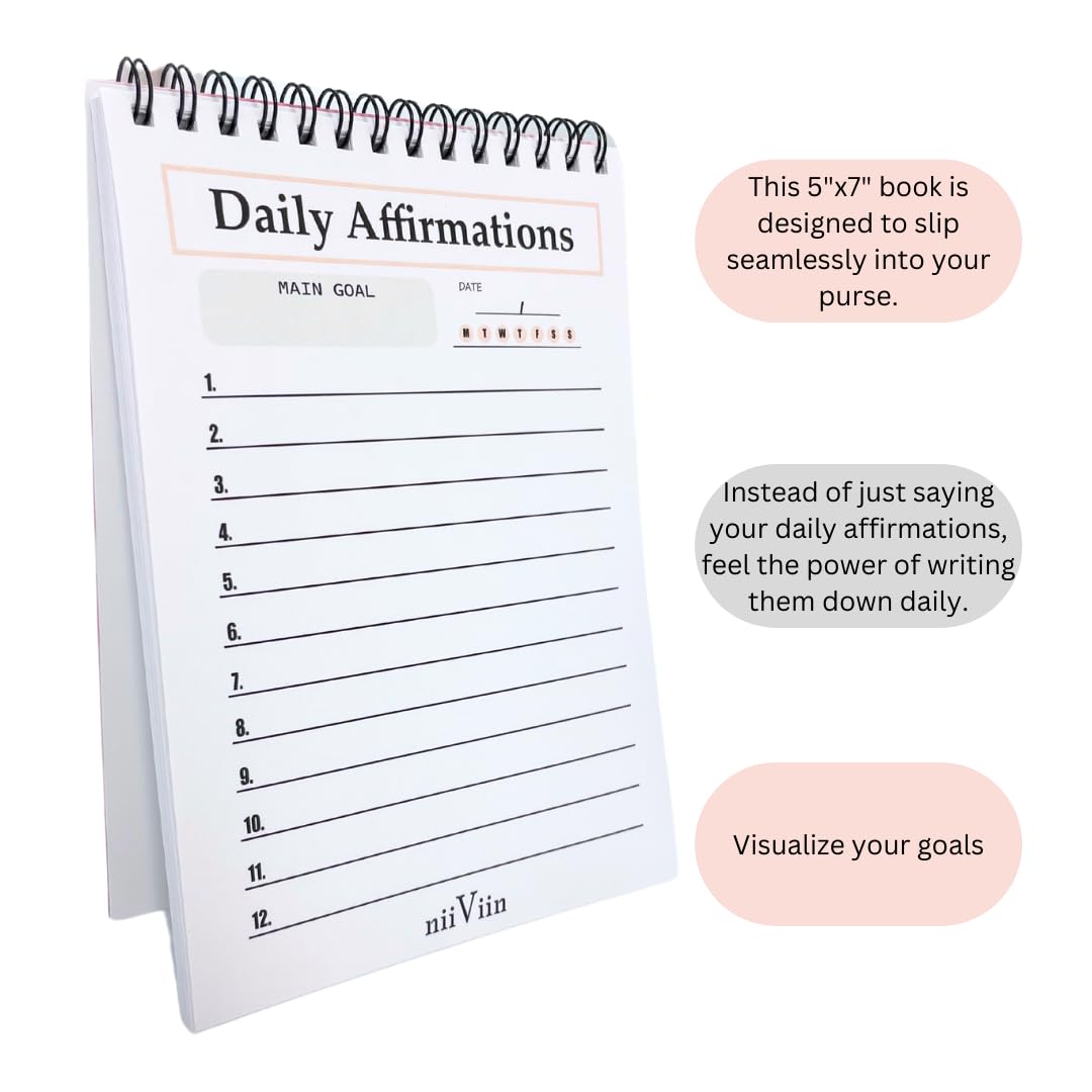 NIIVIIN Afirmaciones diarias para mujeres, cuaderno rosa de 50 páginas para escribir tus afirmaciones positivas, regalos motivacionales para mujeres, bonito diario personal, bloc de espiral de 5 x 7