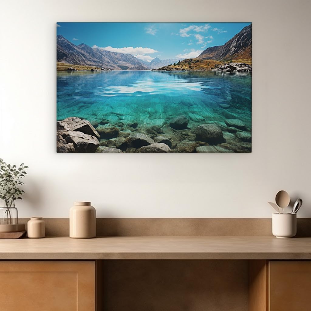 Canvas for Living room. Crystal Clarity in Mountain Serenity - Discovering the Lake Where Earth Meets Sky, 27 x 18 inch Canvas Wall Art - Surrealistic Visions - Modern Home Decor