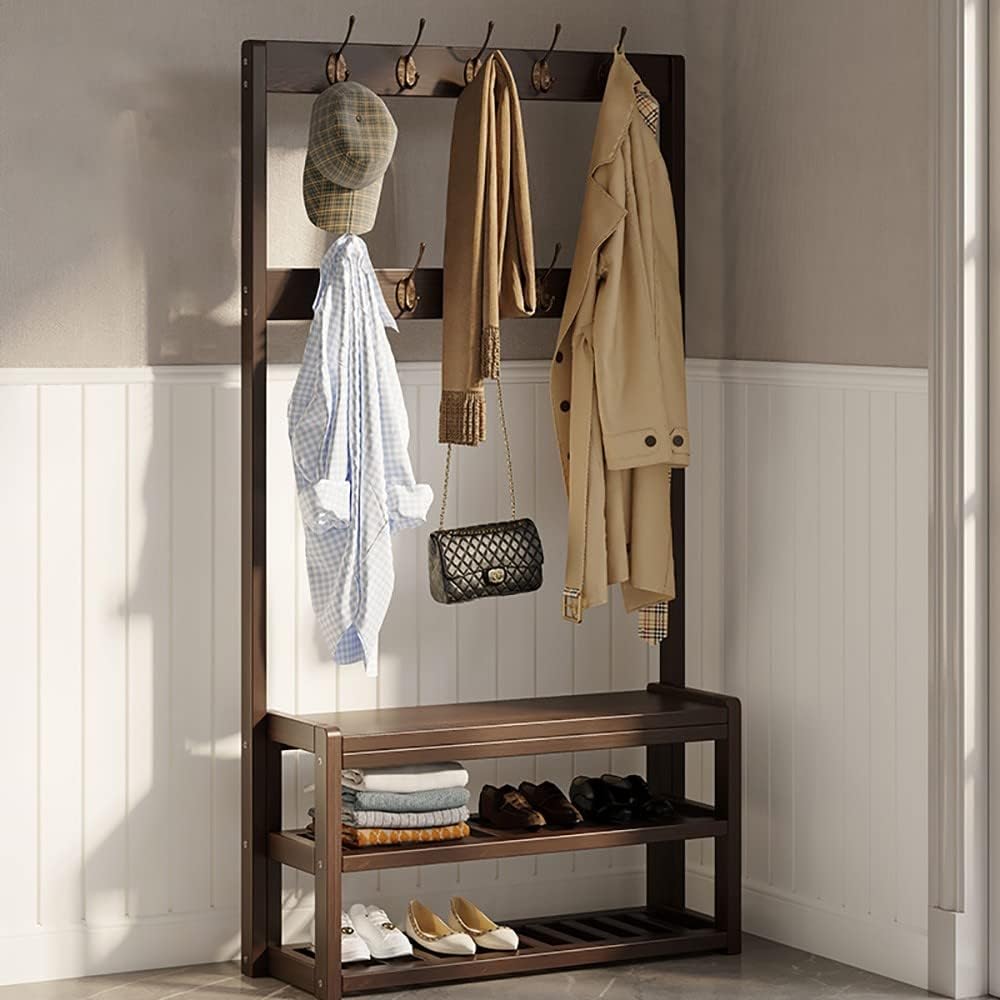 Entryway Wood Hall Trees with Storage and 10 Hooks, Entryway Bench with Coat Rack freestanding with Shoe Rack Home Furniture 3-in-1 Clothes Rack, Easy Assembly,