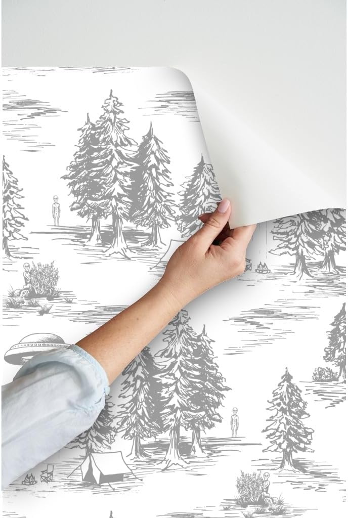 Peel & Stick Wallpaper 3ft x 2ft - UFO Space Aliens Whimsical Toile Traditional Gray & White Large-Scale Custom Removable Wallpaper by Spoonflower