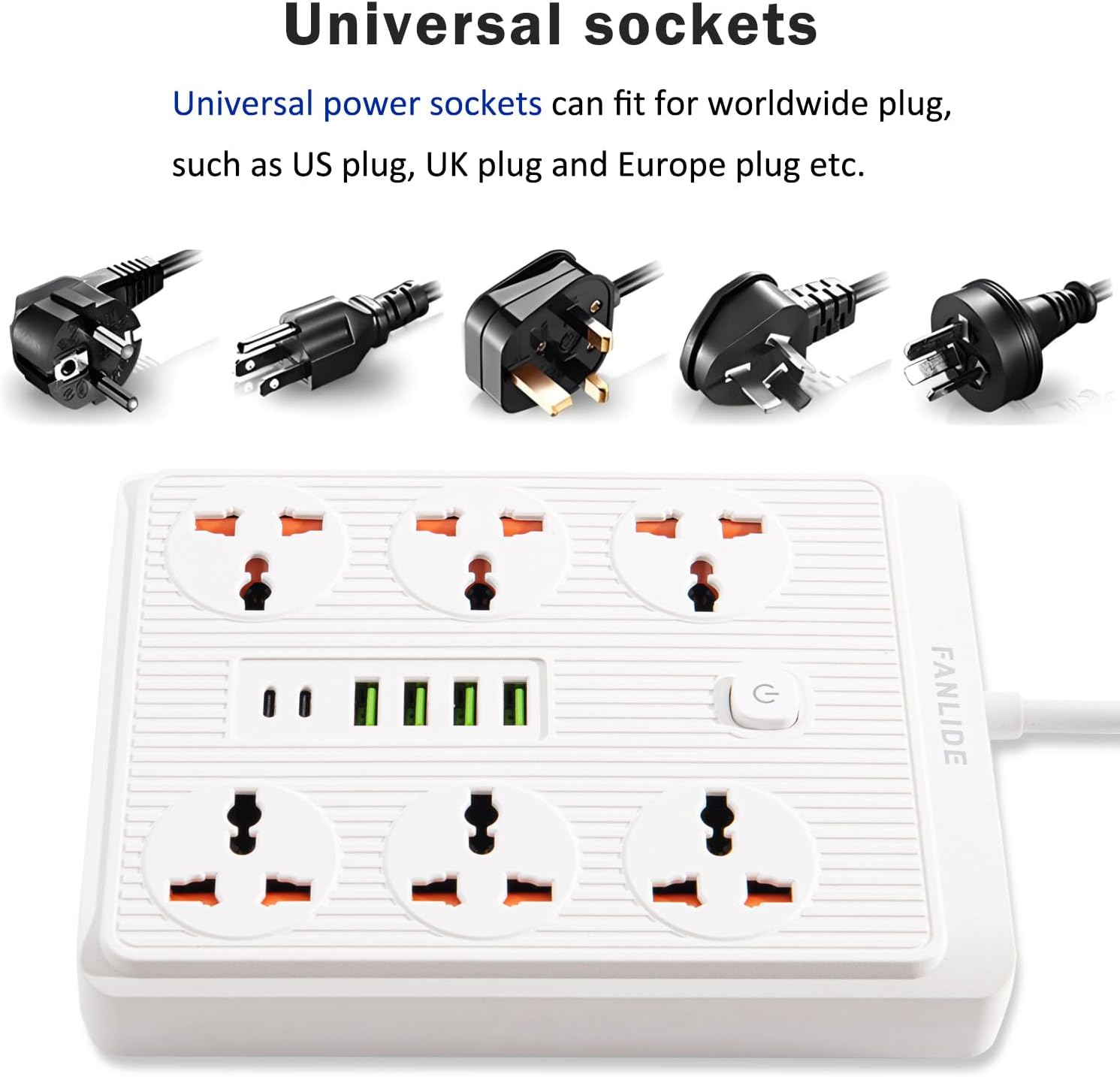 FANLIDE Power Strip with 45 Degree Plug and 10ft Long Cord, 6 Universal Socket, 13A 3000W Power Strip with Surge Protection, 6 USB Ports Desktop Charging Station(4 USB-A & 2 USB-C)