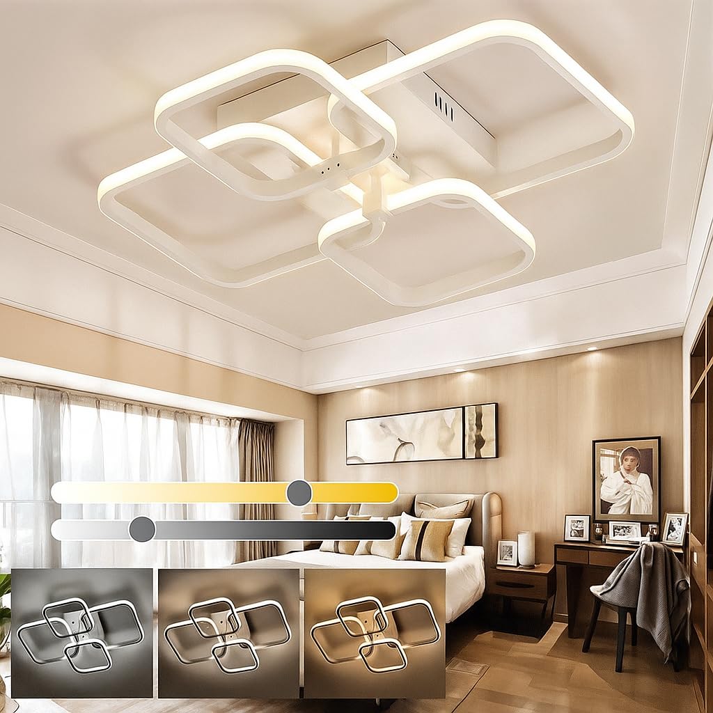 PRMOAGEN LED Ceiling Light with Remote Control, White Acrylic Modern 3-Color Ceiling Light Flush Mount for Living Room, Bedroom, 58x45x12cm-image-3