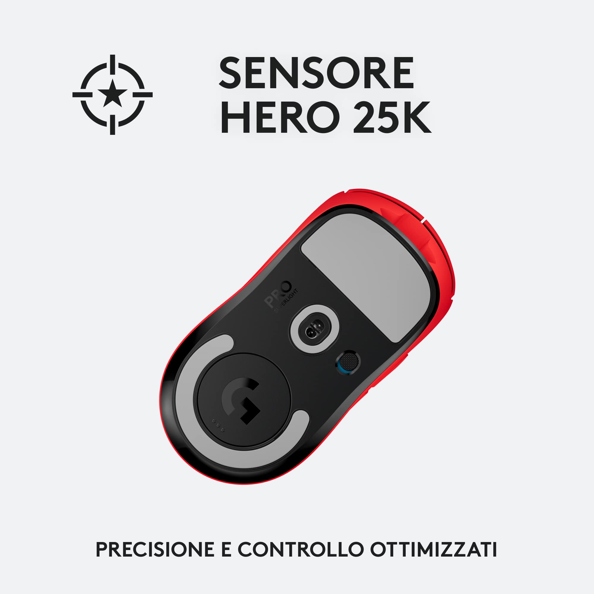 Logitech G PRO X SUPERLIGHT Mouse Gaming Wireless, Leggero 63 g, Sensore HERO 25K, 25.600 DPI, 5 Tasti Programmabili, Lunga Autonomia, Memoria Integrata, per eSport, PC / Mac - Rosso