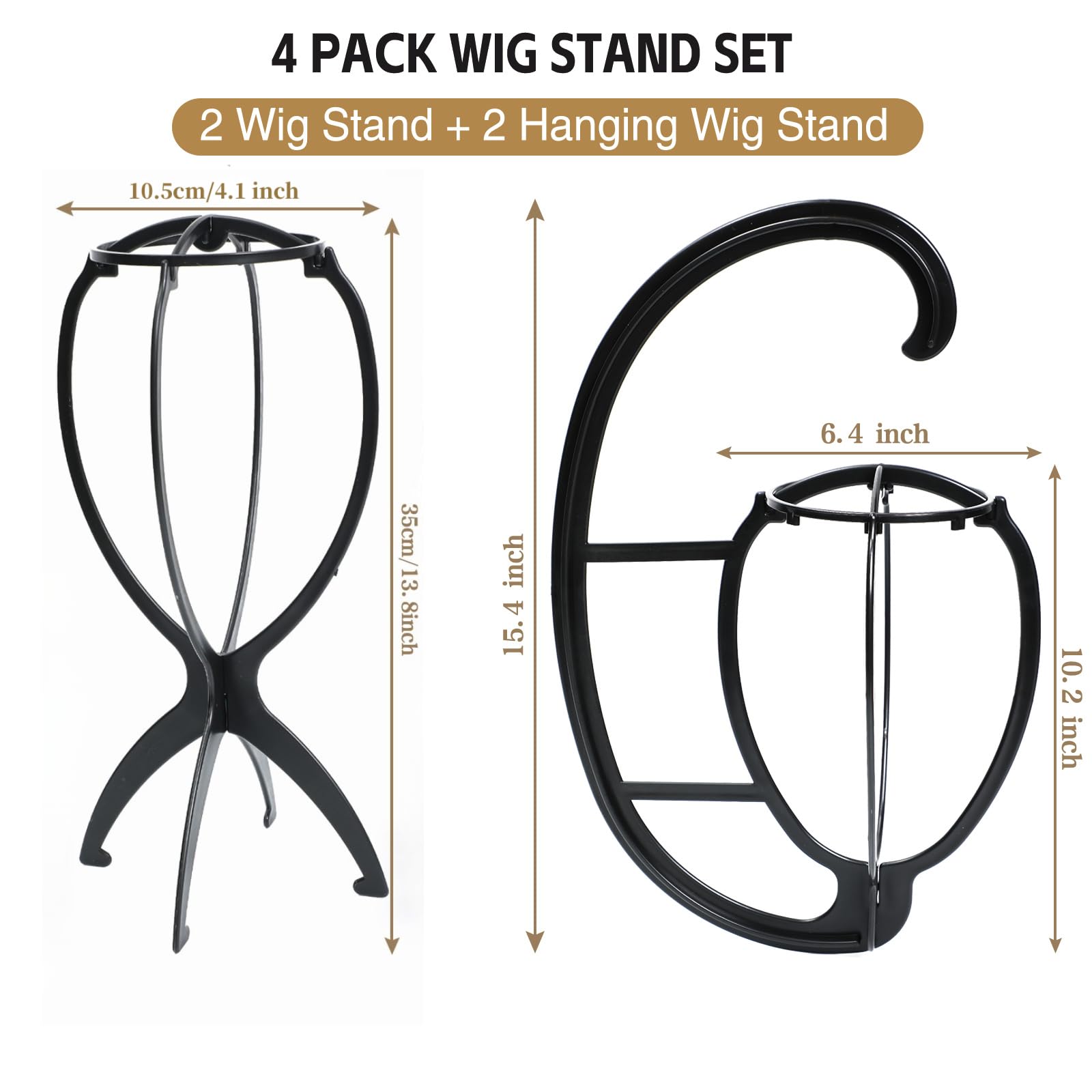 Lot de 4 supports de perruque avec 2 supports de perruque portables et 2 supports de perruque suspendus, support de perruque pliable pour plusieurs perruques, présentoir de perruque de voyage