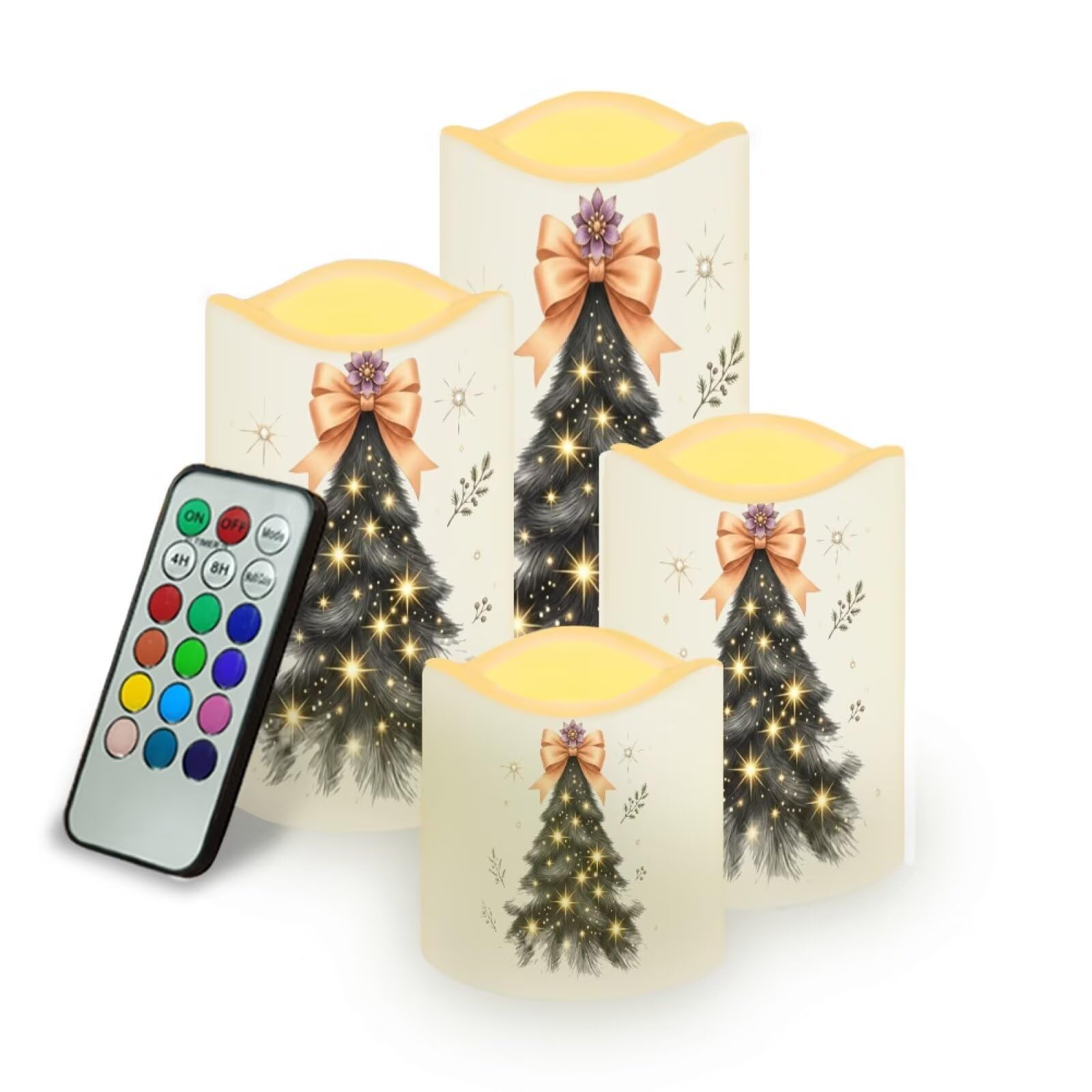 Christmas Electric Flameless Candles Set of 4 | Christmas Tree Pattern, Flameless Candle Set with Timer, Battery Operated, Fake Candles for Living Room, Table Centerpieces