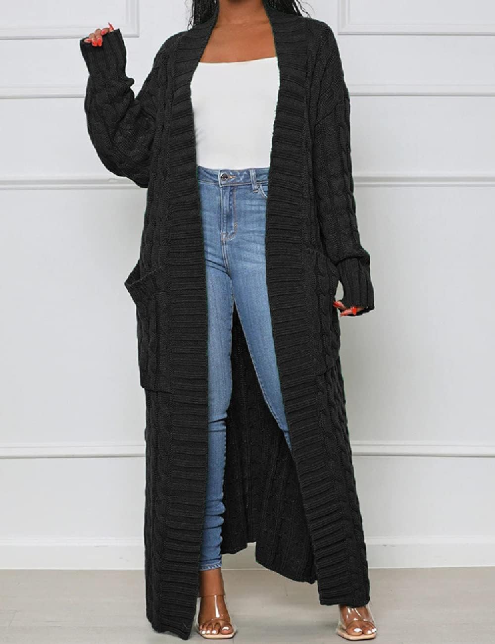 Womens Stylish Cable Knit Dual Chunky Cardigan with Pockets - Image 2
