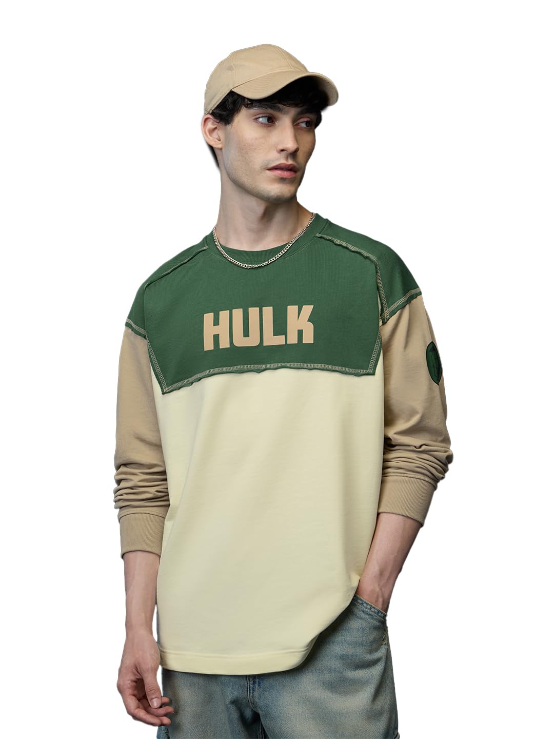 the souled store Official Hulk: Release The Smash Men and Boys Round Neck Off White and Green Graphic Printed Cotton Oversized Full Sleeve T-Shirts-picture-11