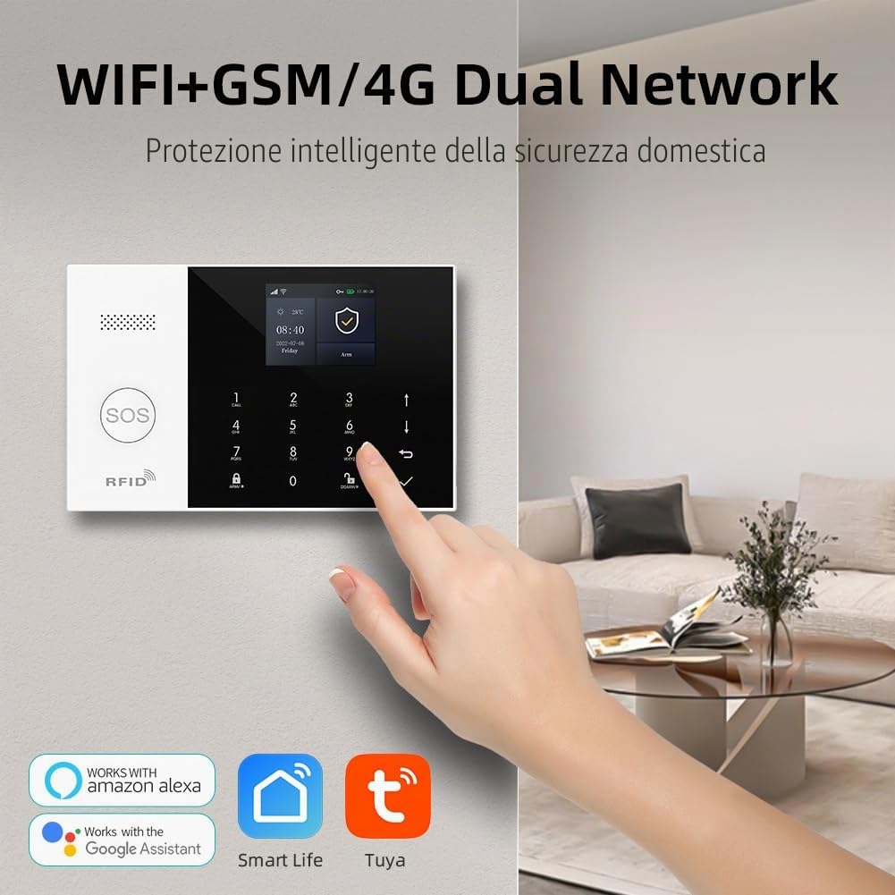 XNY Allarme casa 4G, Wifi Allarme Senza fili, Antifurto Allarme con Avviso APP, Kit 8 Pezzi: Rilevatore di Movimento, Sensore Porte Finestre, Sirena, Telecomando, Lavora con Alexa e Google Assistant
