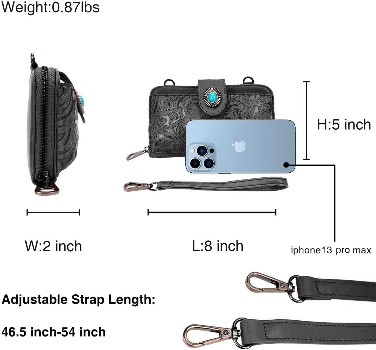 Women's Crossbody Handbag Small Vintage, Ladies Wallet Western Adjustable Phone Purse Clutch Turquoise Concho Embossed - Image 5