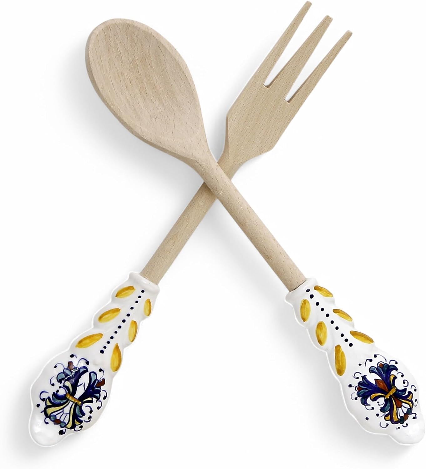 Artistica UTENSIL SET: Ricco Deruta Design ~ Wood with Hand-Painted Ceramic Handle (Pair/Set)