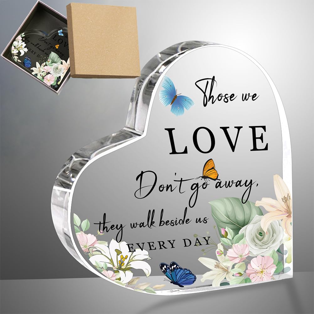 ORIGACH Sympathy Gift Acrylic Heart Memorial Bereavement Gifts with Gift Box Sorry for Your Loss Gift Acrylic Table Decorations Condolence Gift (Flower and Butterfly, 10 x 10 cm)