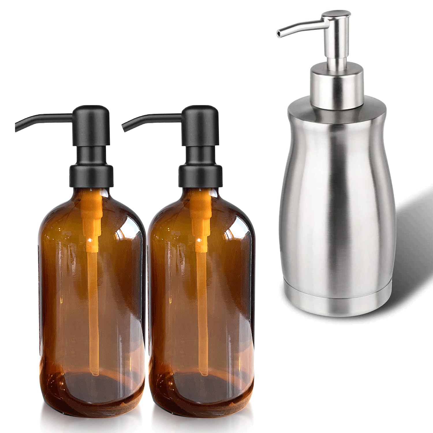 2 Pack Amber Glass Soap Dispenser with Black Pump & Stainless Steel Soap Dispenser Curved