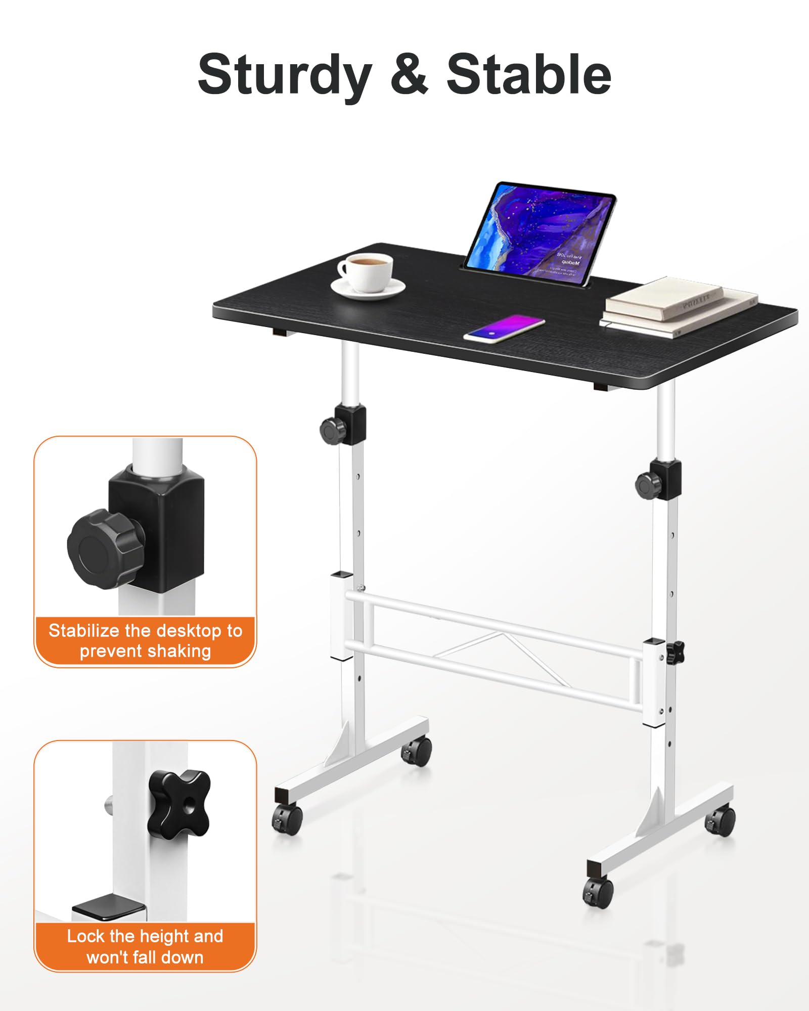 RayLove Bureau réglable en Hauteur avec roulettes, Bureau d'ordinateur Mobile avec 4 roulettes verrouillables, Bureau Assis-Debout Noir et Blanc, Compatible avec Tapis de Course et Tapis de Marche