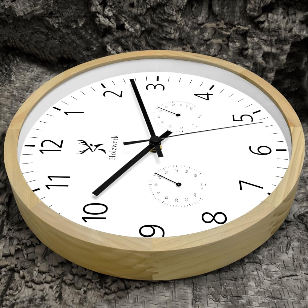 Holzwerk MEERSBURG Orologio da parete con indicatore di temperatura e igrometro Umidità Orologio in legno, movimento silenzioso, senza ticchettio, marrone faggio bianco, silenzioso, legno massello