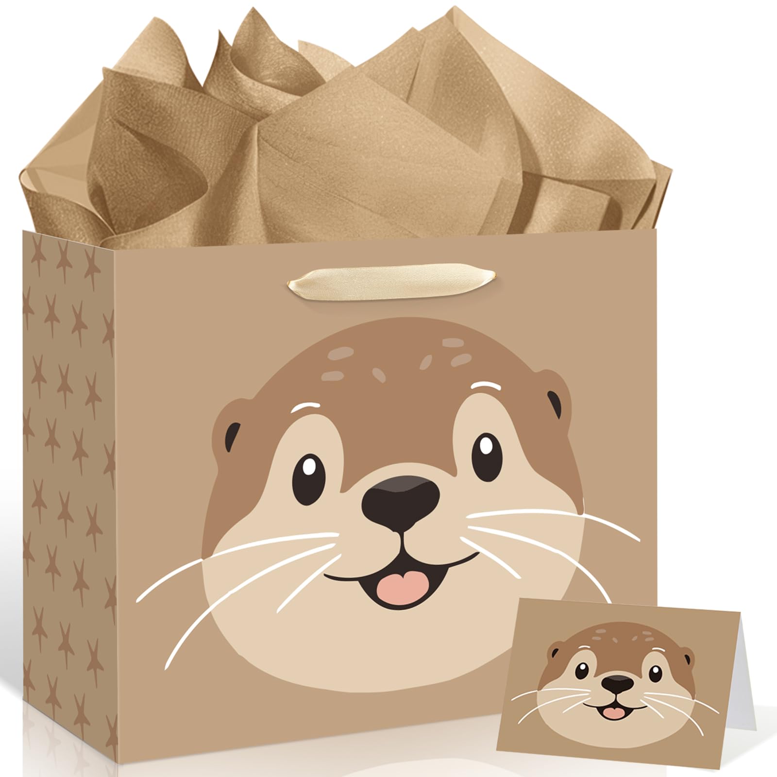 Large Otter Birthday Gift Bag,Cute Otter Wrapping Paper Bag Brown Otter Party Decoration Gift Bag with Tissue Paper and Greeting Card for Otter Animal-Themed Birthday Party Supplies