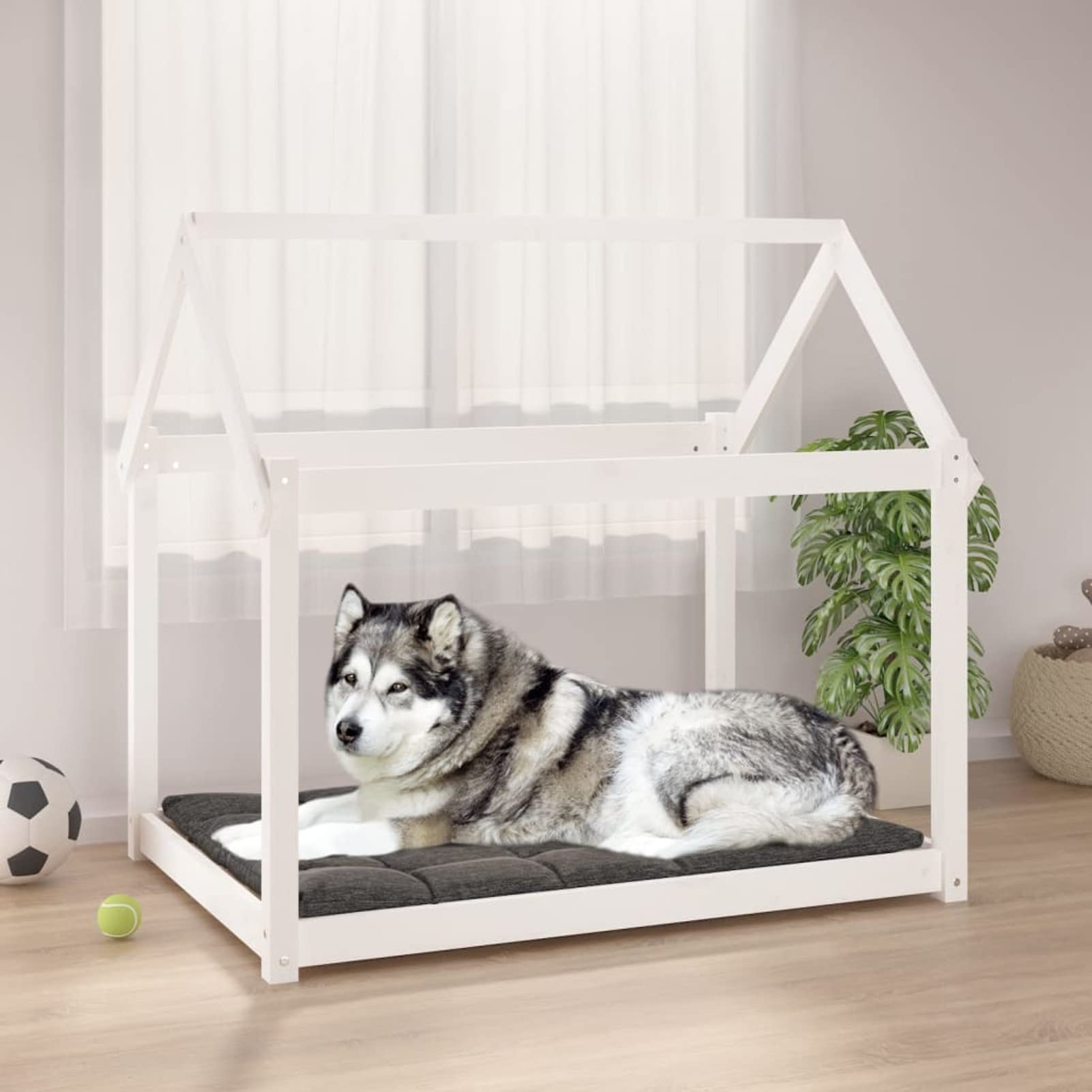 Homgoday Białe legowisko dla psa 111 x 80 x 100 cm z litego drewna sosnowego, wystrój klatki dla psa klatka dla psa wewnętrzna Kennel dla psów klatki dla psów na zewnątrz ogrodzenie dla psa