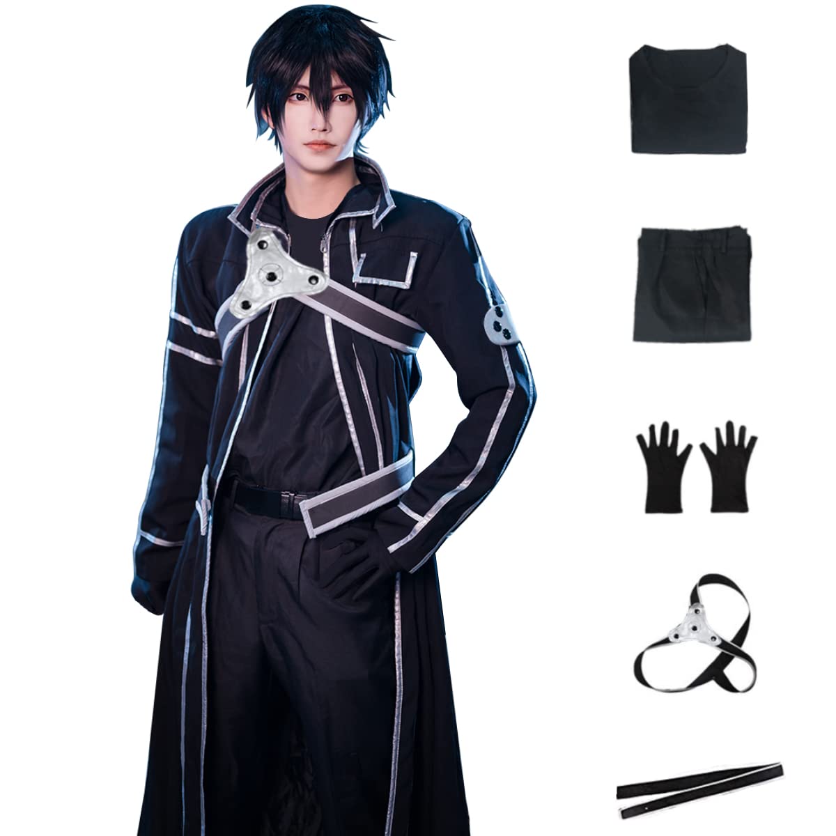 HNZQEMen's Anime Kirito Cosplay Costume Black Jacket Long Cloak Suit Full  Set Halloween Outfit with Wig for Women