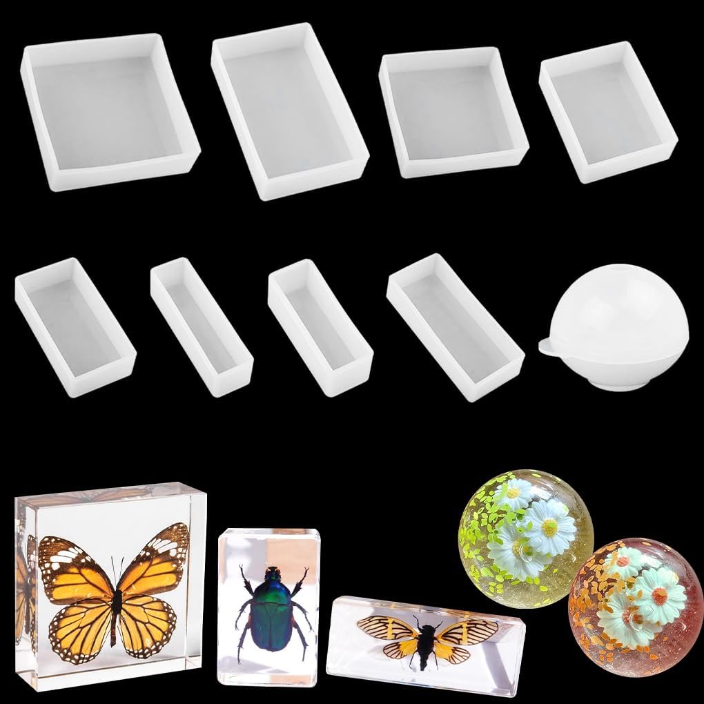 FineInno 9PCS Epoxy Resin Molds,Different Sizes Square,Rectangle,Ball Silicone Molds,Casting Molds for Soap, Dried Flower,DIY Jewelry,Craft,Pendant