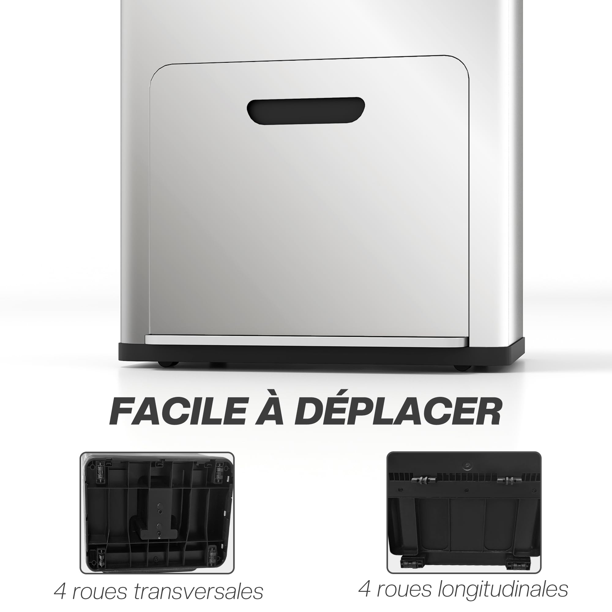 HOMCOM Poubelle de Cuisine Tri Sélectif 56L Acier INOX 410 Argent | Roulettes Recyclage, 3 Compartiments, Fermeture Douce, Pédale Large, Anti-Odeurs