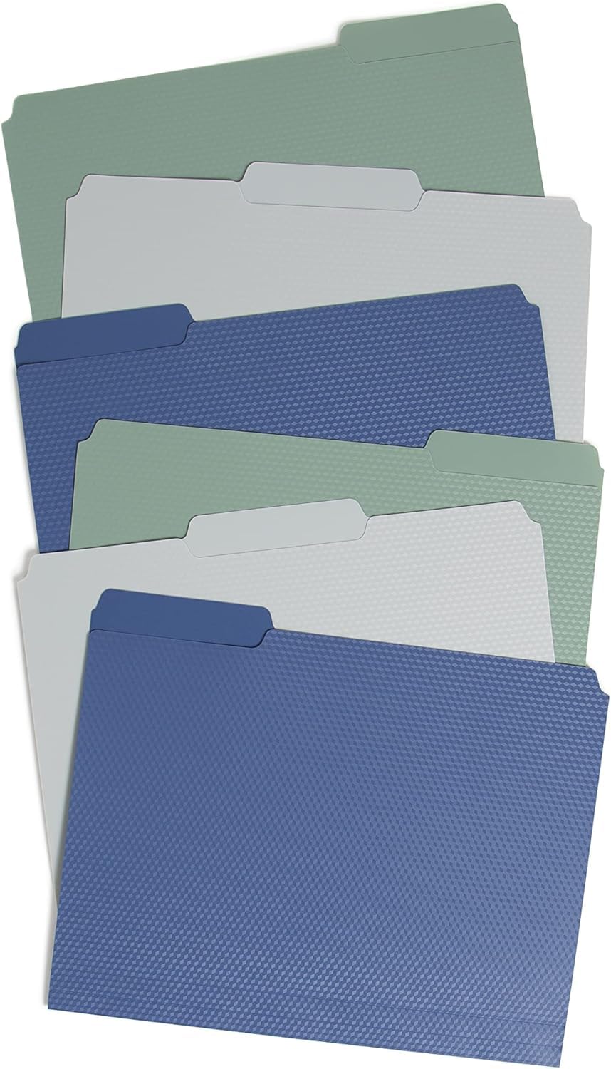 U Brands Performance Poly File Folders Set, Office Supplies, Blue, Gray, Green, Assorted Styles 6 Count