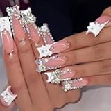 Generic White French Tip 3D Butterfly Bow Press-On Nails, 24 Pcs, Full Cover, Acrylic, Almond Shape, Multicolor, Glossy Finish