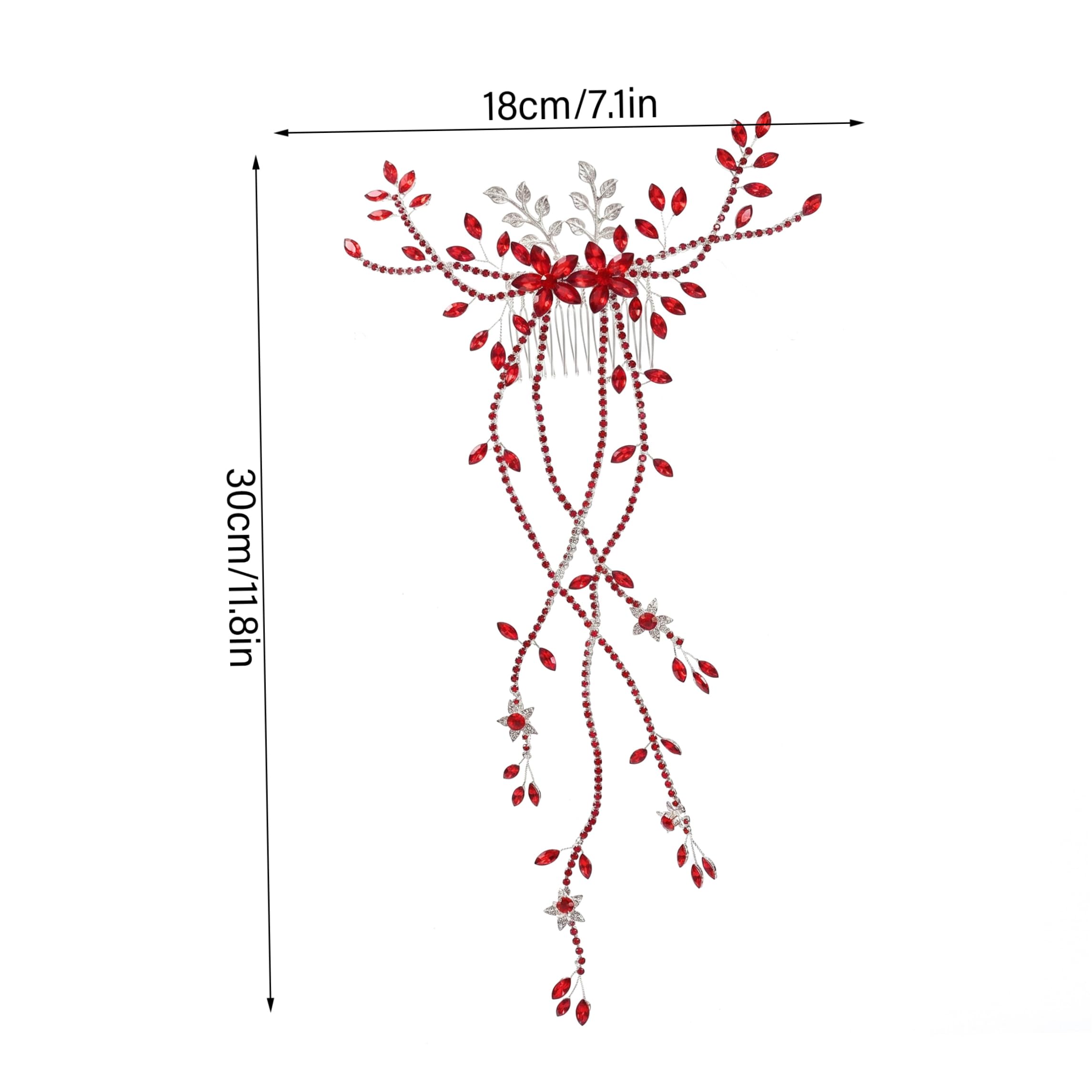 Copricapo da sposa per matrimonio, pettine per capelli con strass con foglia e nappa Accessori per capelli da sposa in lega fatta a mano per festa di ballo, rosso, copricapo per la