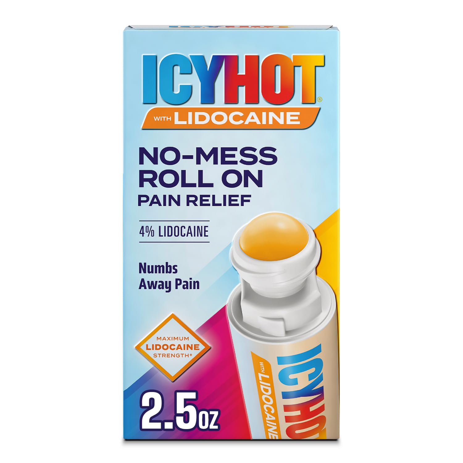 Icy Hot Lidocaine Pain Relief No-Mess Roll-On Applicator, Numb Aggravated Nerves with Max Strength Lidocaine 4%, Pain Relief for Minor Pain, Backaches, Sprains and Strains, 2.5 oz
