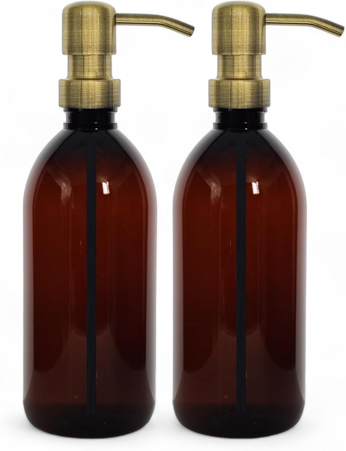 AVALON Brown Amber Plastic Bottles – Antique Brass Style Metal Pump 500ml – Pack of 2 – Refillable Plastic Soap Dispenser Bottle for Bathroom/Kitchen – Hand Wash, Body Lotion, Shampoo, Shower Gel.