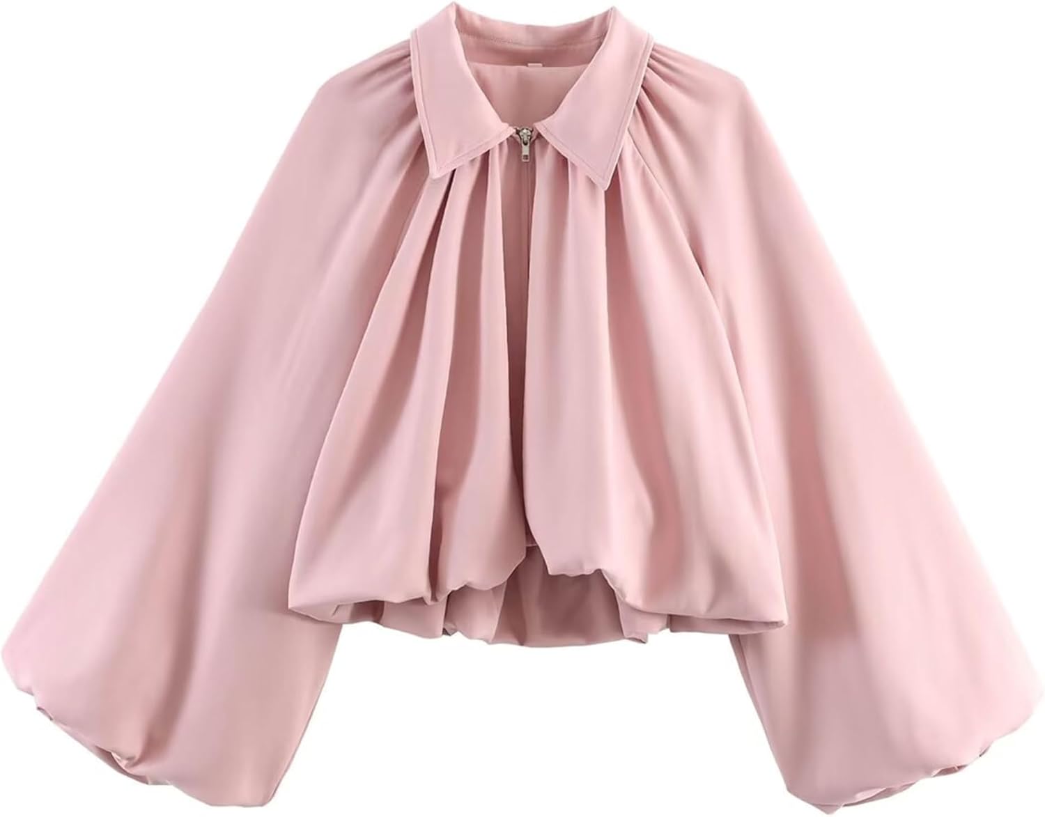 Women's Cropped Zip Up Jacket Lapel Puff Long Sleeve Pleated Coat Casual Short Outerwear