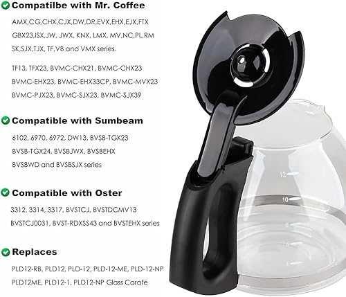 Miniatura 7 de Anbige Piezas de repuesto de jarra de vidrio de 12 tazas, compatible con la cafetera Mr. Coffee, repuesto # PLD12-RB, serie PLD12-RB (negro)