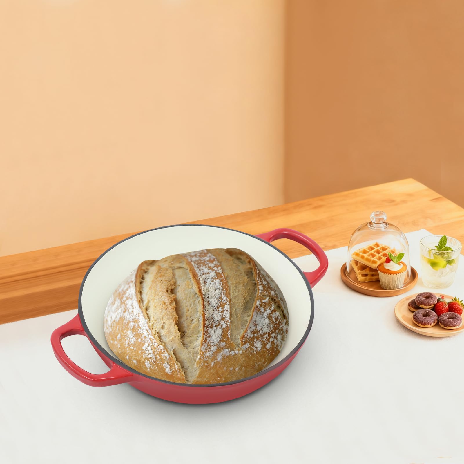 Żeliwny garnek do pieczenia chleba, 2,2 l, emaliowany garnek z pokrywką i uchwytami, 26,6 cm, garnek do duszenia, smażenia, gotowania (czerwony)