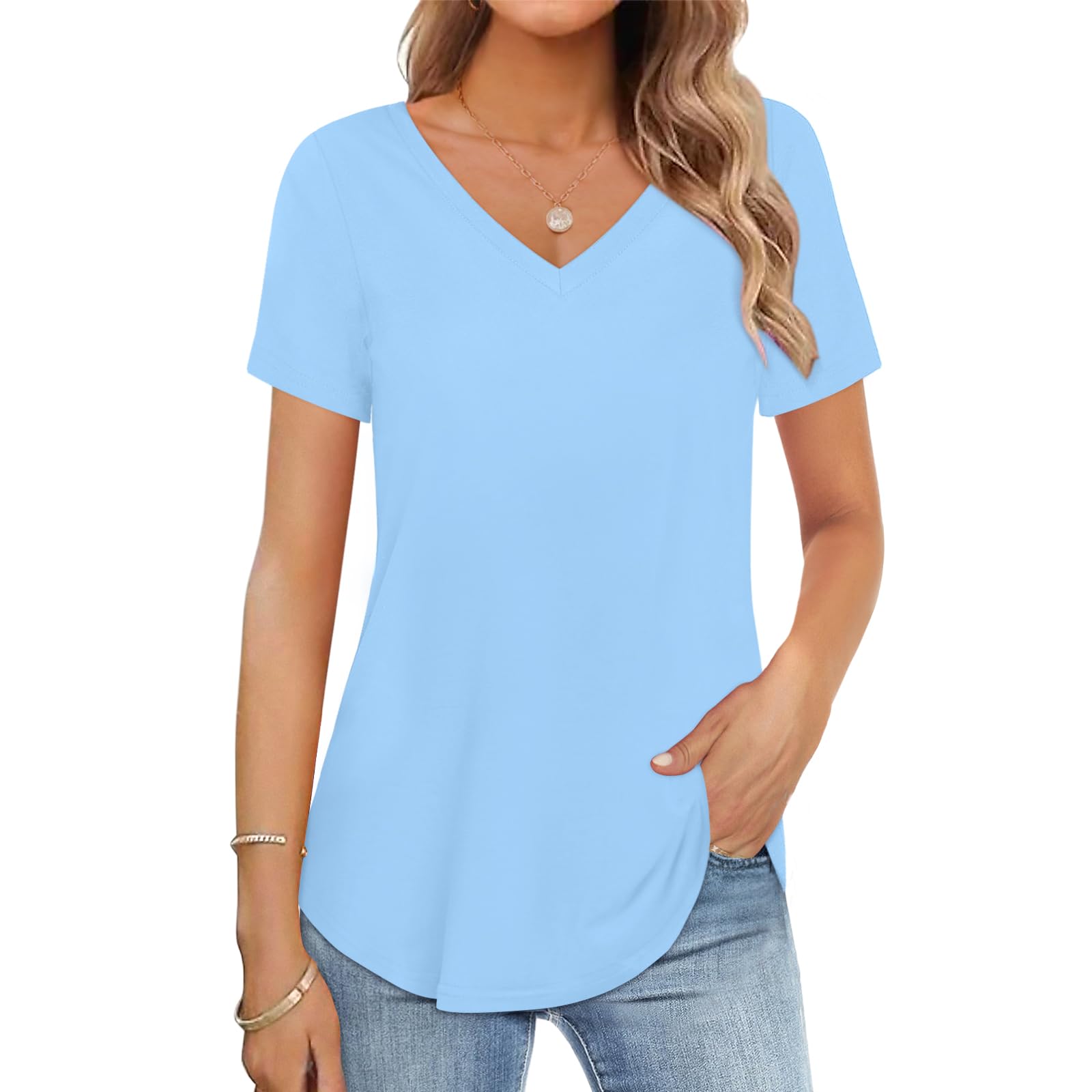 JROWI Womens Tops Short/Long Sleeve Casual V Neck Cotton T-Shirts Basic Tees Clothes